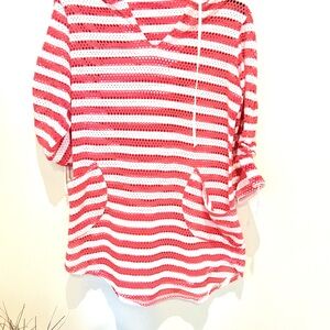 ForCynthia Red and White Open-Knit Beach Hooded  Cover-Up Small